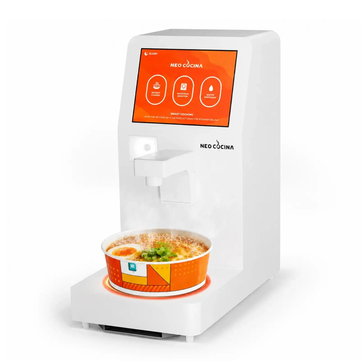 NEO CUCINA automatic ramen cooker actively boiling noodles in an induction bowl