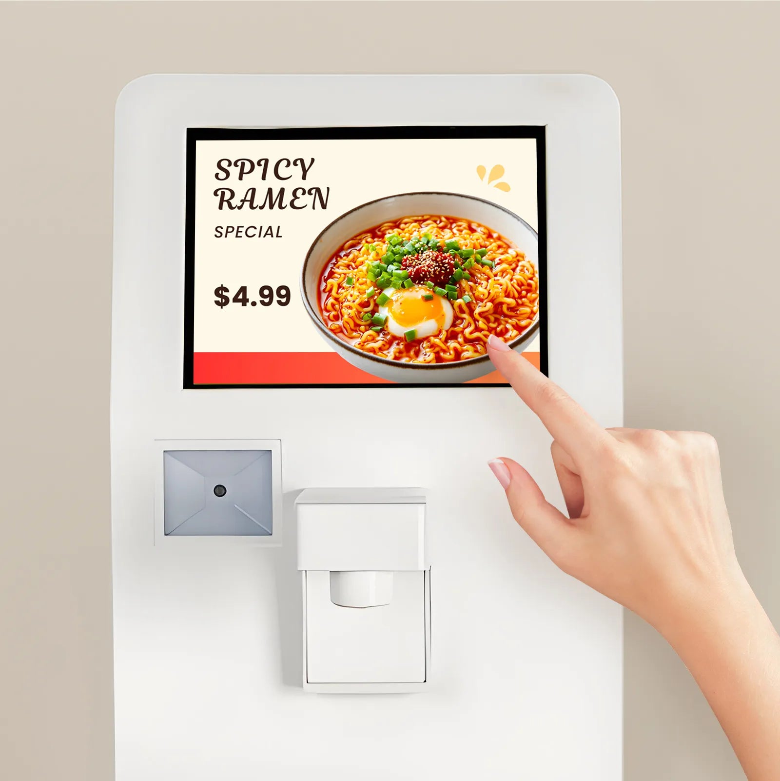 NEO CUCINA ramen cooker with 8-inch touchscreen for branding, digital ads and customer engagement