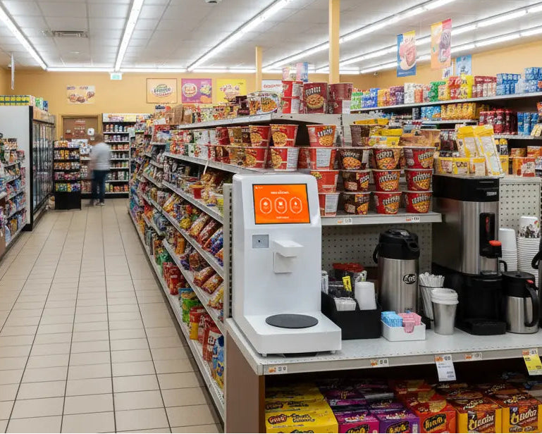 NEO CUCINA automatic ramen cooker installed in supermarket aisle for self-service hot noodle meals