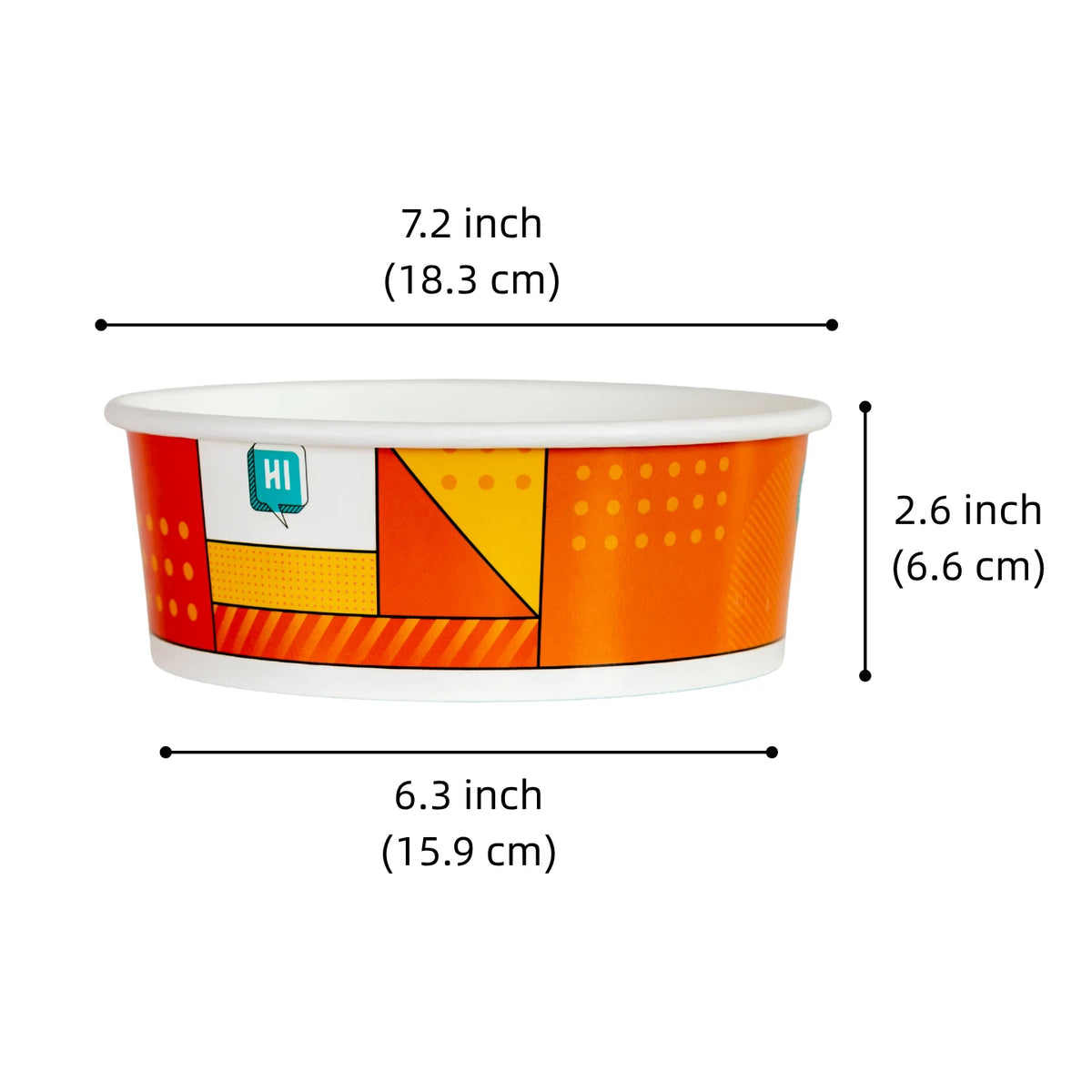 NEO CUCINA paper bowl dimensions: top 7.2 in (18.3 cm), bottom 6.3 in (15.9 cm), height 2.6 in (6.6 cm).