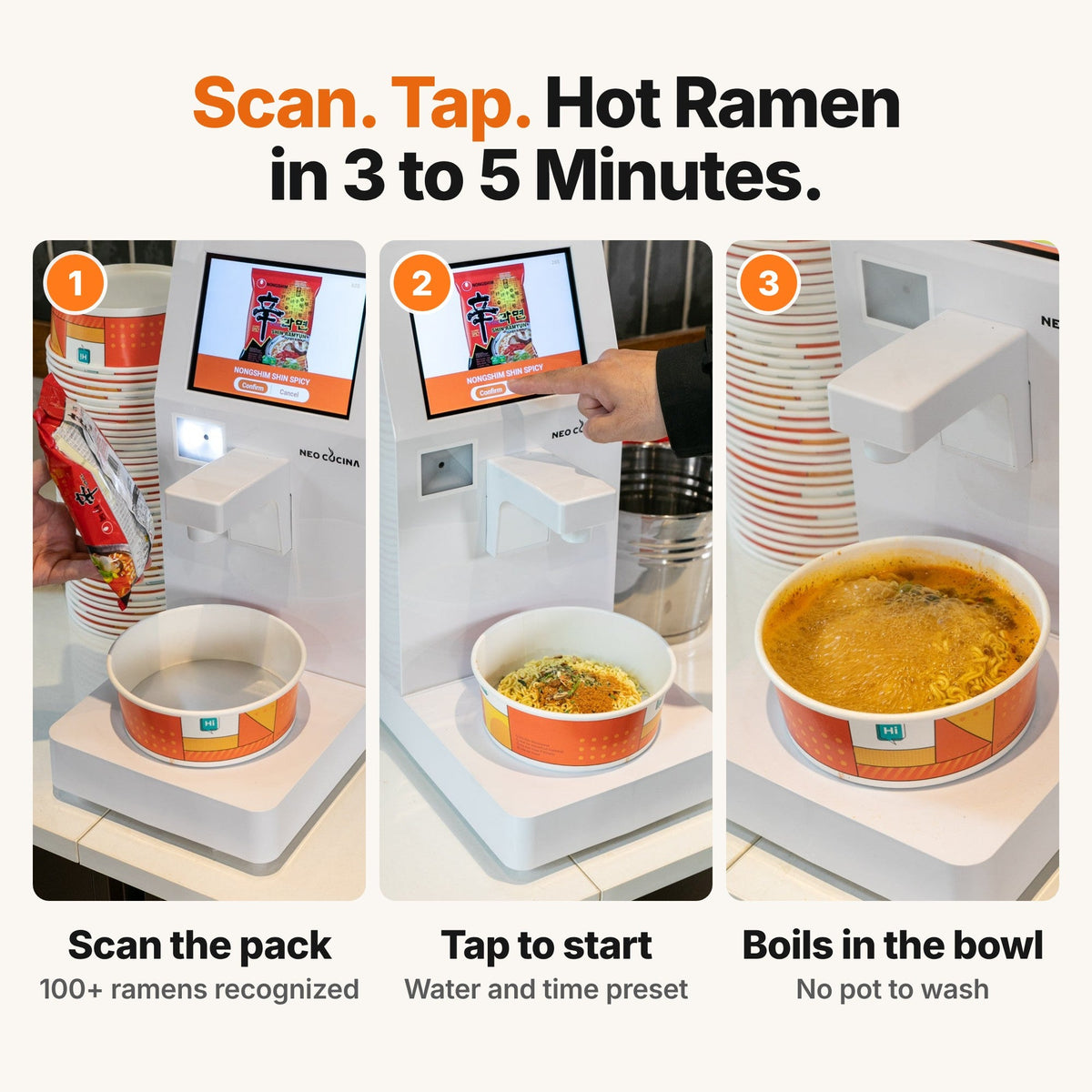 How NEO CUCINA Pro works: scan the ramen pack, tap to start, and the noodles boil right in the paper bowl in 3 to 5 minutes