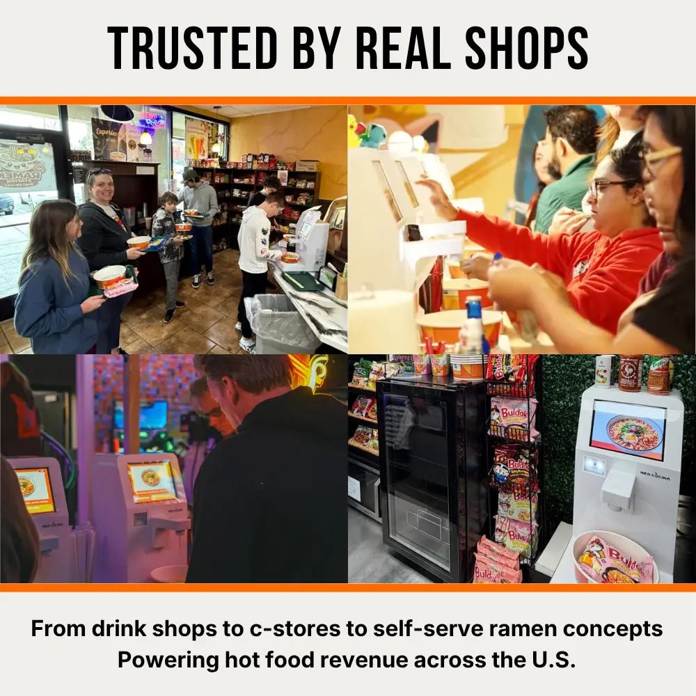 NEO CUCINA commercial ramen machine deployed in real businesses including drink shops, convenience stores, and themed cafés across the U.S.
