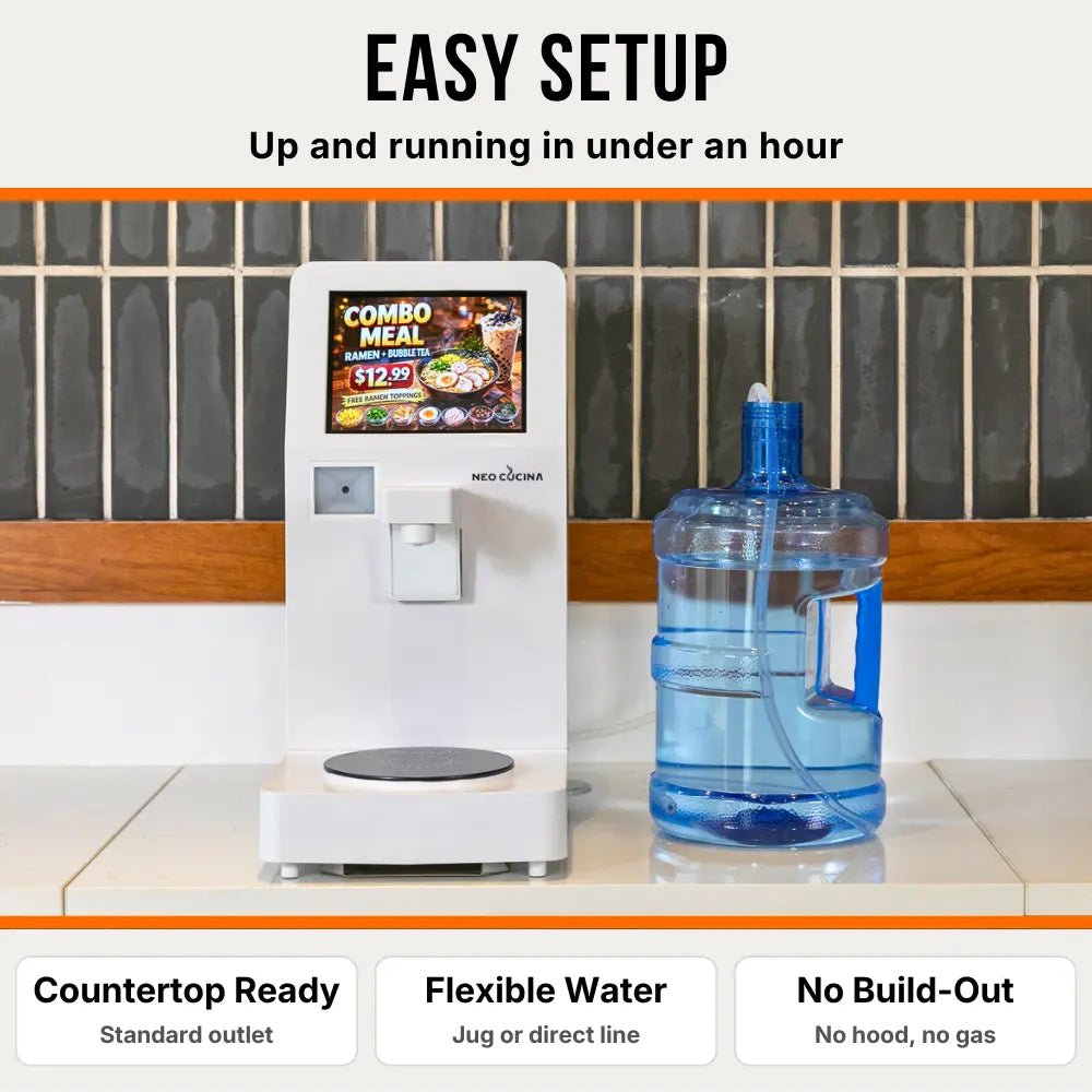NEO CUCINA self-serve ramen cooker plug-and-play setup on countertop with 5-gallon water jug — no plumbing or kitchen build-out required