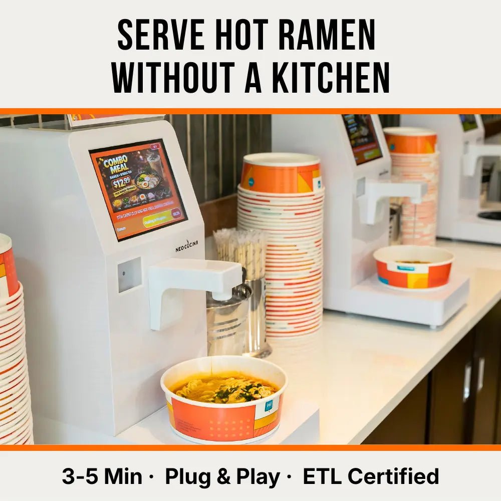 NEO CUCINA commercial self-serve ramen cooker on countertop with bowl of hot ramen ready to serve — no kitchen required