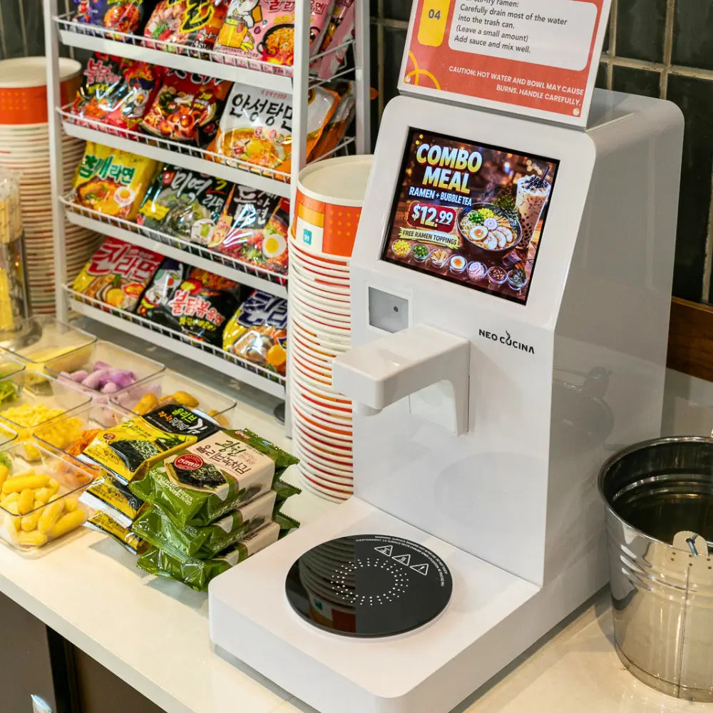 A comprehensive NEO CUCINA business solution overview: commercial self-serve ramen station with digital combo meal menu, diverse noodle selection, and localized toppings for a high-margin food kiosk.