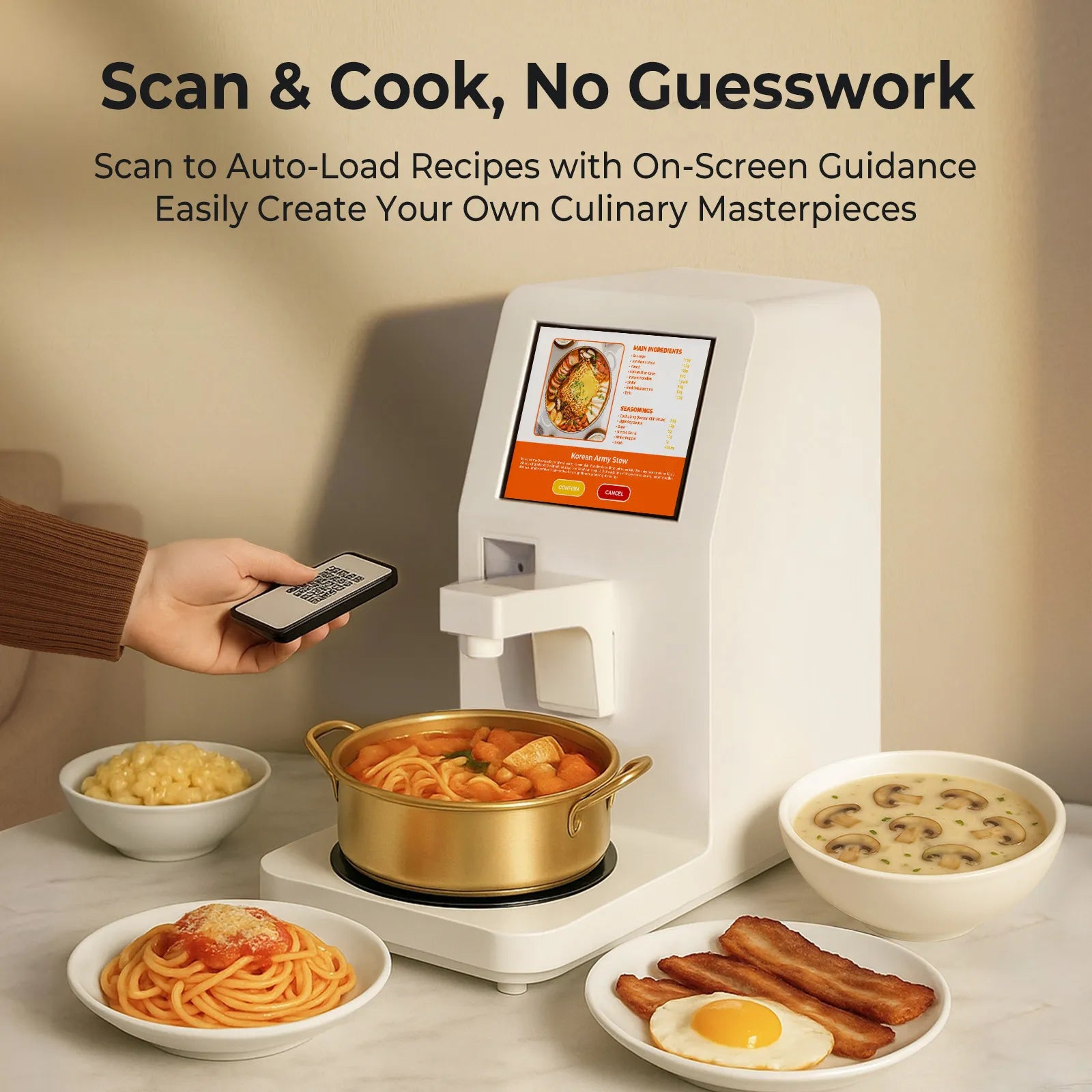 Neo Cucina Robot Chef scanning recipe to auto-load cooking instructions for effortless smart meal preparation.