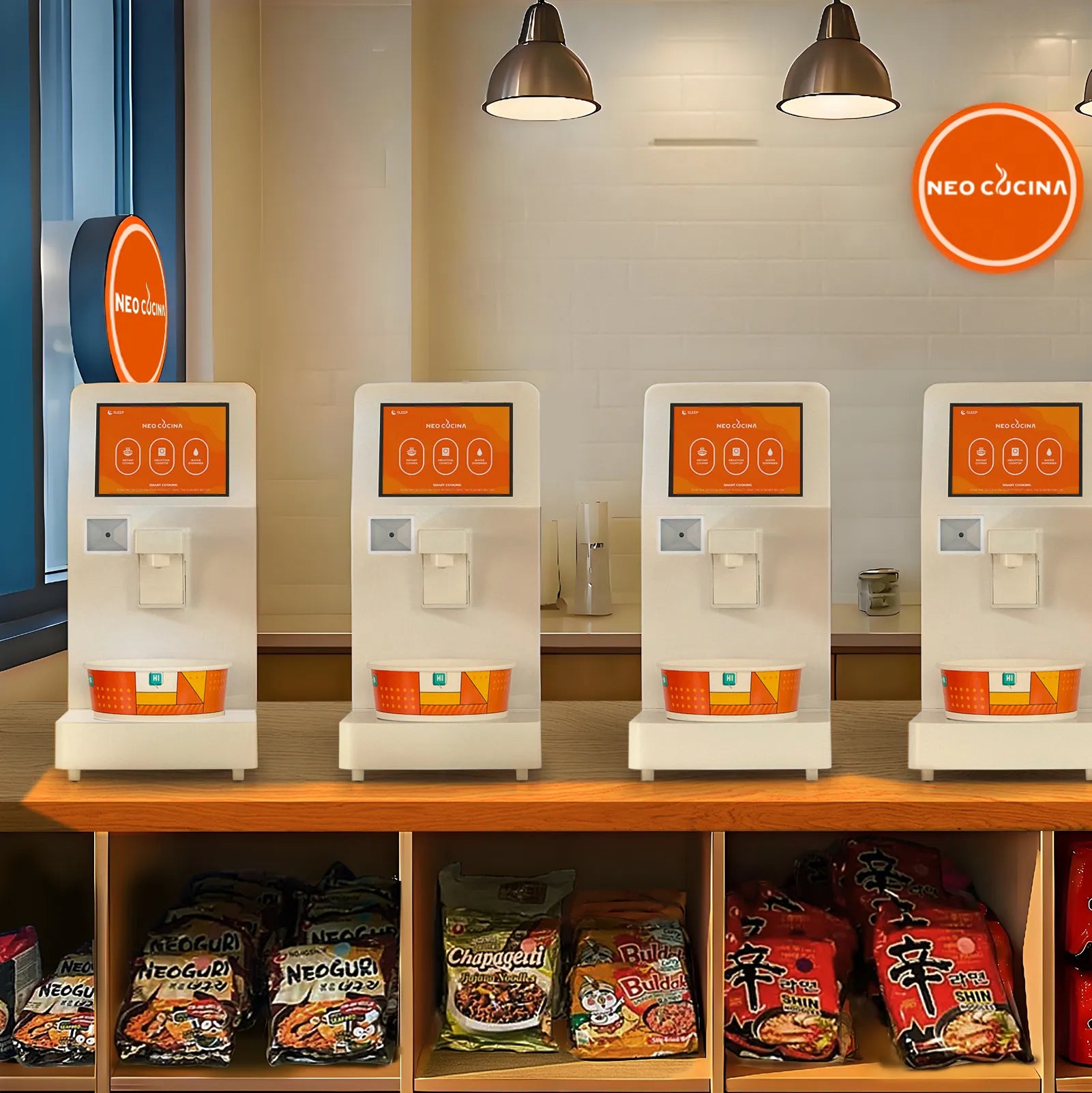 Self-serve ramen bar setup using multiple ramen cookers for starting a low-cost food business