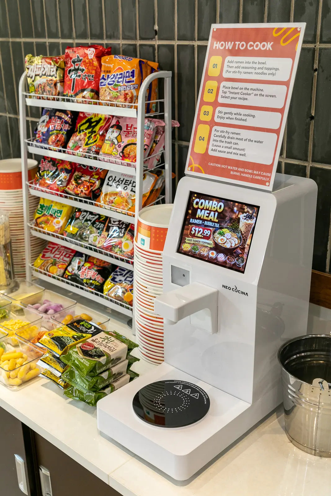 compact self-serve ramen kiosk with automatic cooking machine for small retail spaces