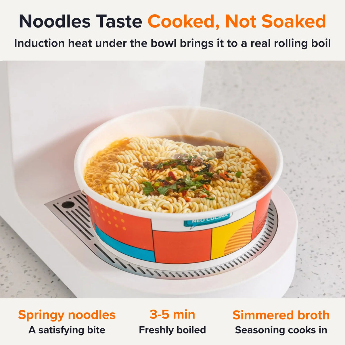 Ramen boiling in a paper bowl on NEO CUCINA Studio, with springy noodles and hot broth in 3 to 5 minutes