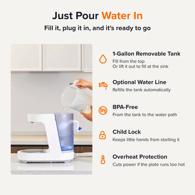 Filling the NEO CUCINA Studio 1-gallon removable water tank from a pitcher