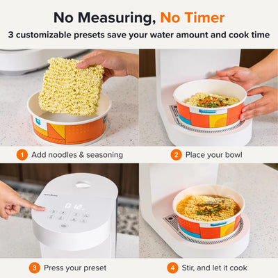 Making ramen on NEO CUCINA Studio: add noodles, place the bowl, and press a preset
