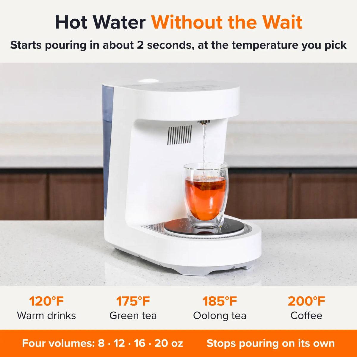 NEO CUCINA Studio pouring hot water into a glass of tea, with four temperatures from 120°F to 200°F