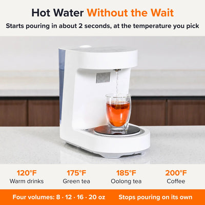 NEO CUCINA Studio pouring hot water into a glass of tea, with four temperatures from 120°F to 200°F