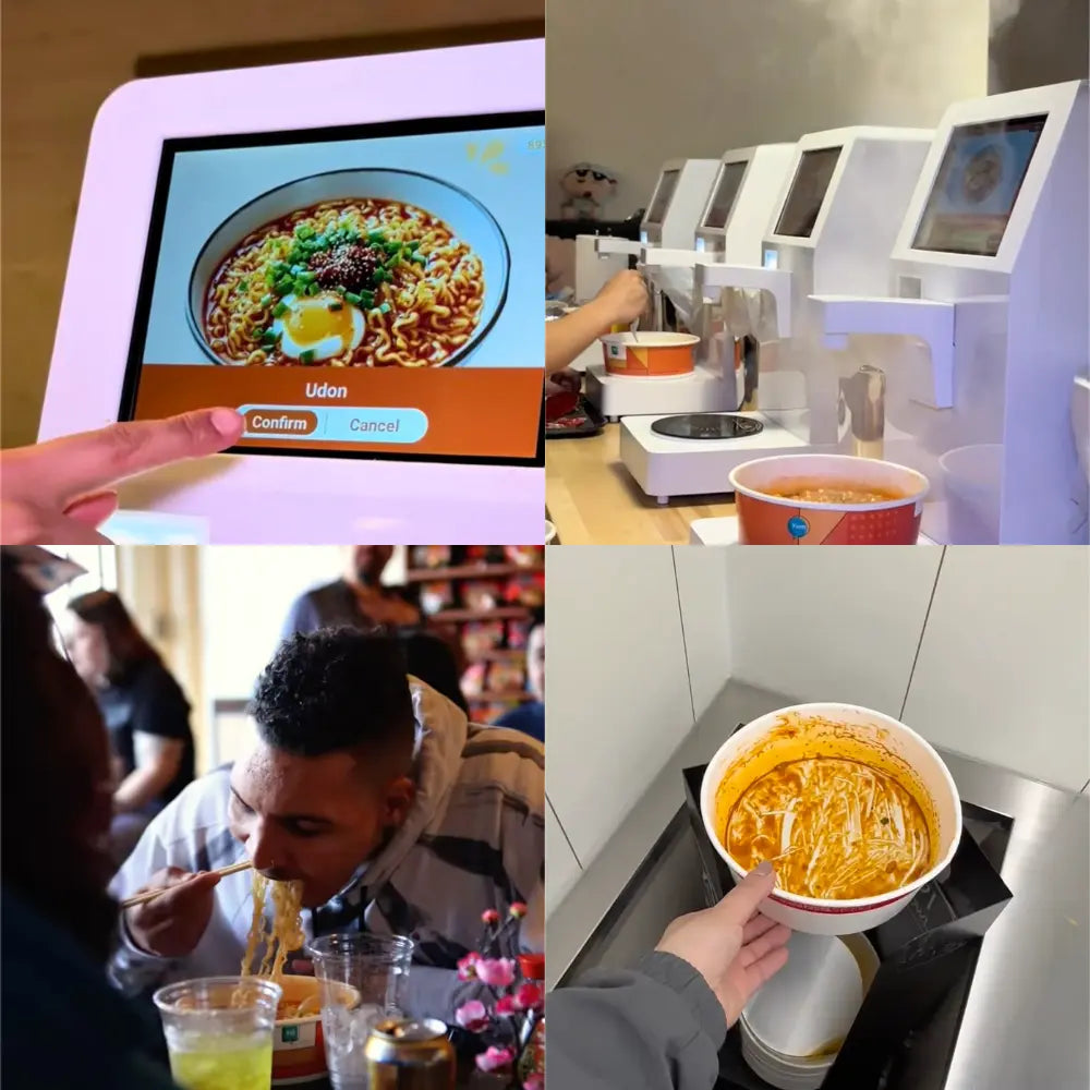 NEO CUCINA collage demonstrating a commercial self-serve ramen station setup: compact machine, multiple units in operation, and kitchen-less operation with disposable bowls.