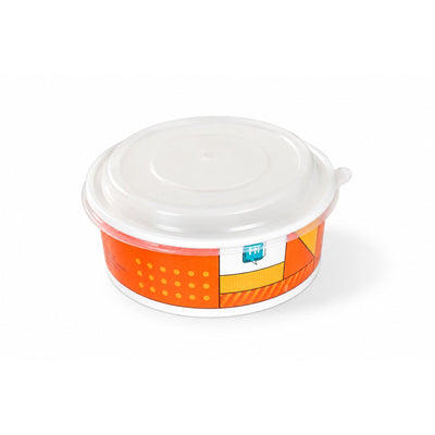 A translucent vented plastic lid securely fitted onto a NEO CUCINA branded induction-safe paper bowl. This auxiliary view demonstrates the precise airtight seal and compatibility of the lid, ensuring spill-proof transport for food delivery and takeout services.