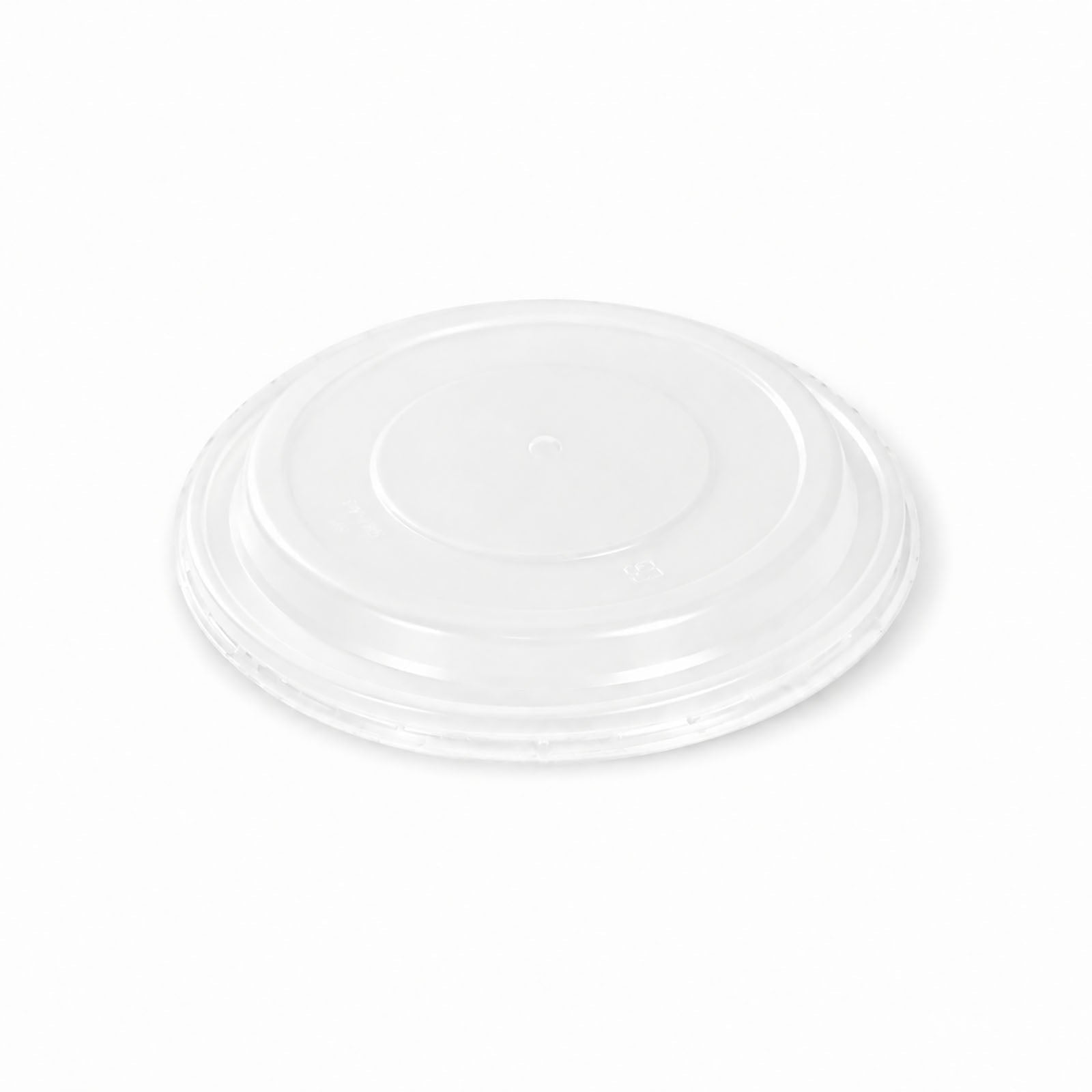 Translucent plastic lid for NEO CUCINA induction-safe paper bowls. The design features concentric reinforcement rings and a convenient pull-tab for secure fit and easy opening, essential for commercial takeout and food delivery services.