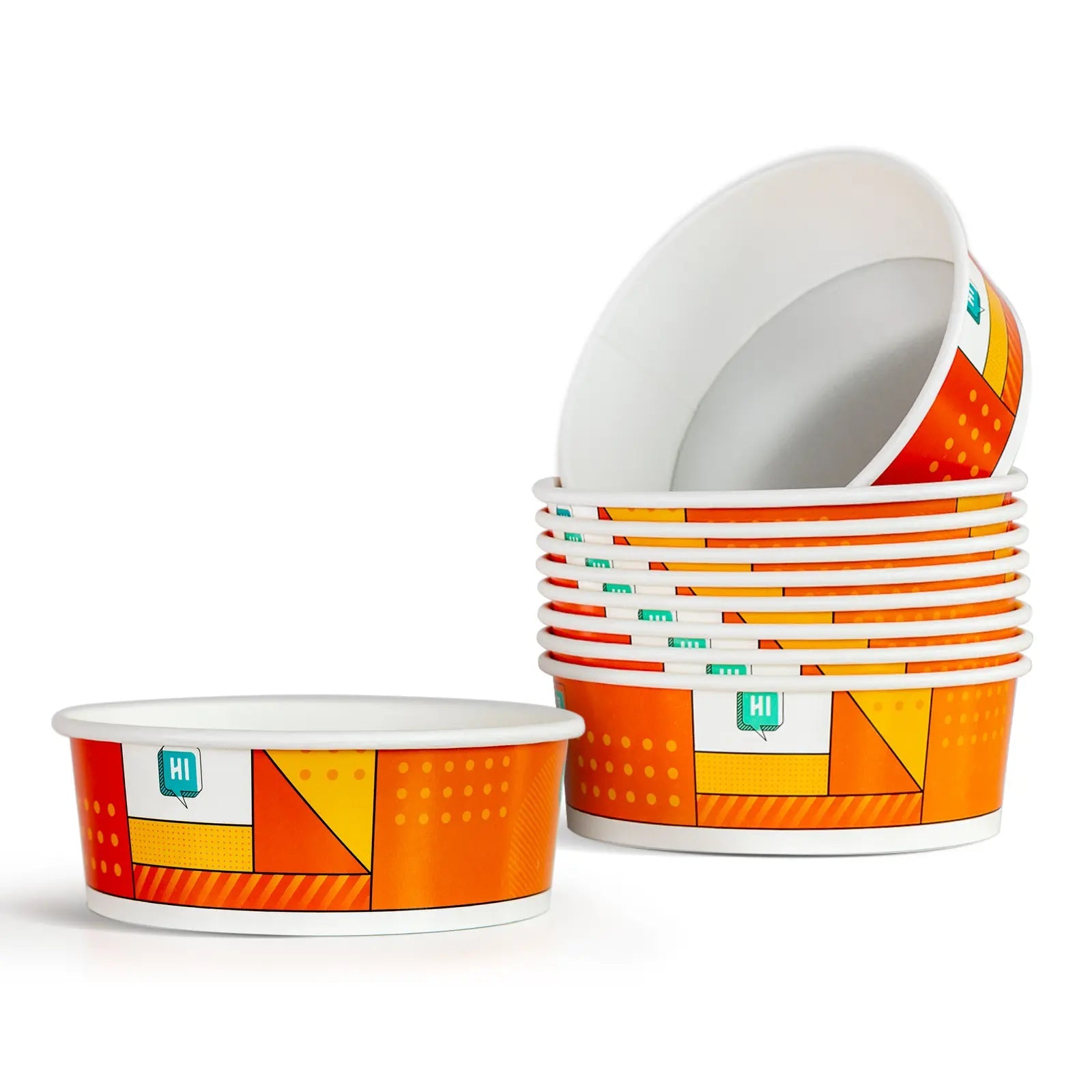 A stack of NEO CUCINA induction-safe disposable paper bowls featuring a vibrant orange geometric design. These heavy-duty commercial bowls are specifically engineered for use with smart ramen cookers to provide a leak-proof and no-wash dining experience.