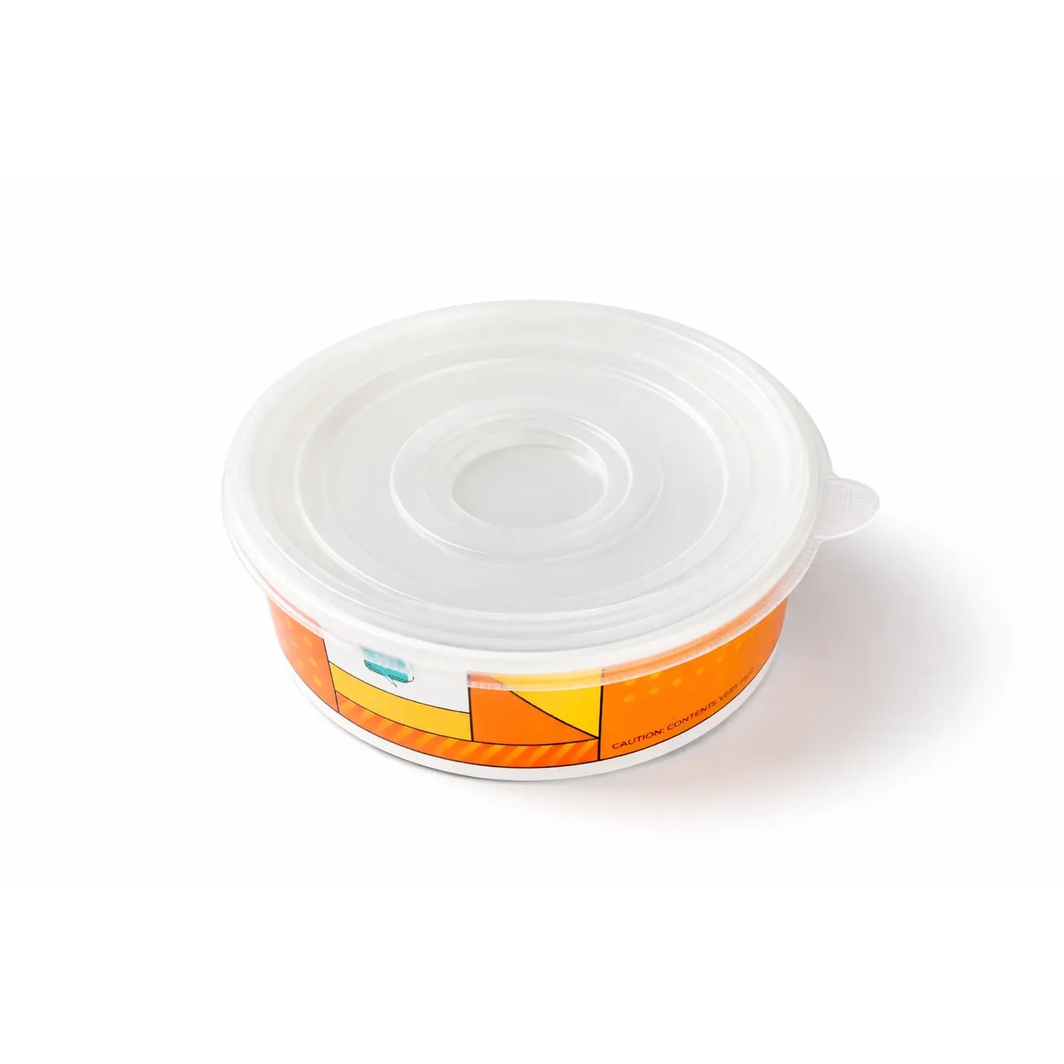 A translucent vented plastic lid securely fitted onto a NEO CUCINA branded induction-safe paper bowl. This auxiliary view demonstrates the precise airtight seal and compatibility of the lid, ensuring spill-proof transport for food delivery and takeout services.