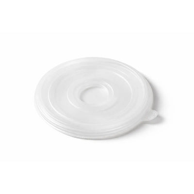 Translucent plastic lid for NEO CUCINA induction-safe paper bowls. The design features concentric reinforcement rings and a convenient pull-tab for secure fit and easy opening, essential for commercial takeout and food delivery services.