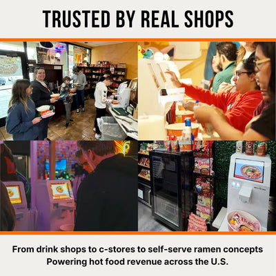 NEO CUCINA commercial ramen machine deployed in real businesses including drink shops, convenience stores, and themed cafés across the U.S.