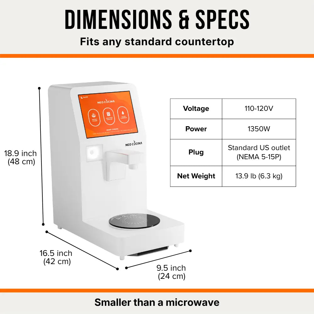 NEO CUCINA commercial ramen cooker dimensions: 18.9 x 16.5 x 9.5 inches, 13.9 lb, 1350W, standard US outlet — fits any countertop