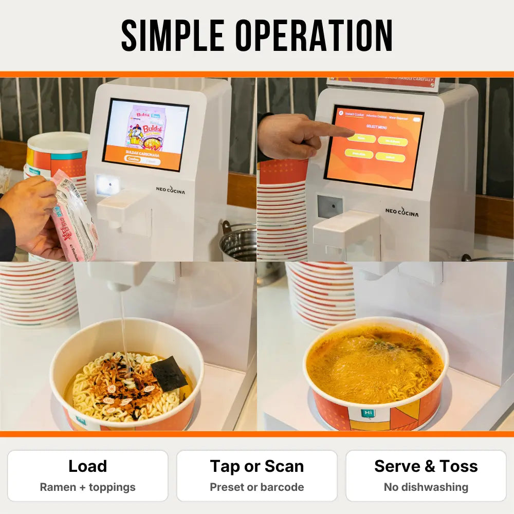 NEO CUCINA ramen machine operation steps: scan noodle package, tap touchscreen menu, hot water fills bowl, ramen ready in 3-5 minutes