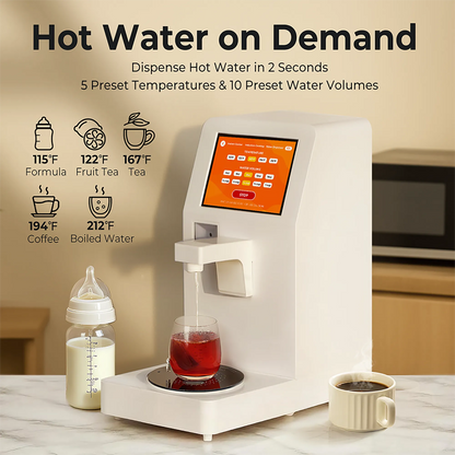 Neo Cucina Robot Chef dispensing hot water with adjustable temperature settings for tea, coffee, and formula.
