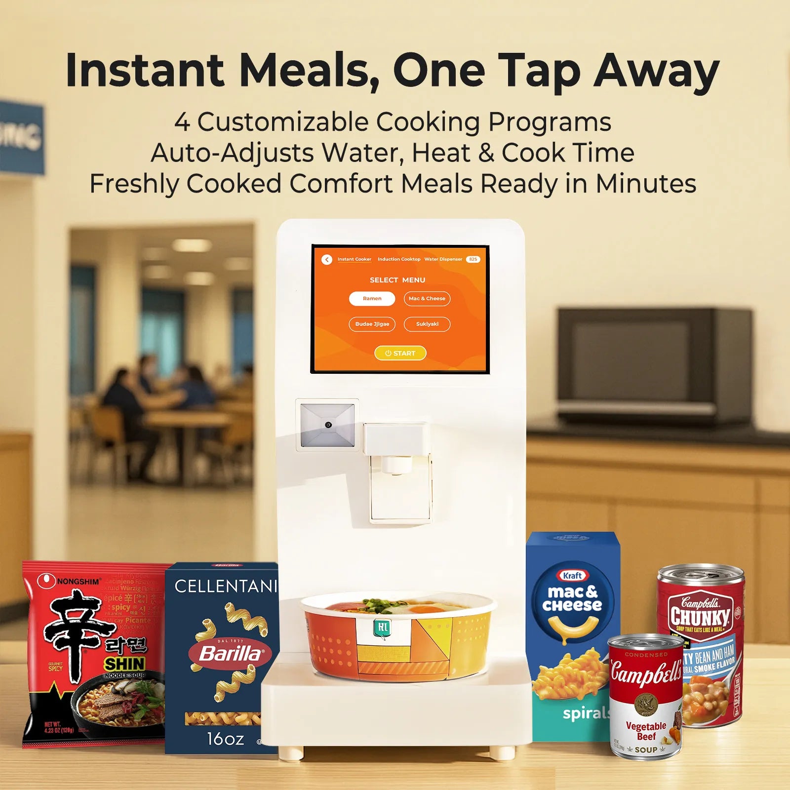 Neo Cucina Robot Chef cooking instant meals with one tap, showing ramen, pasta, and soup options.
