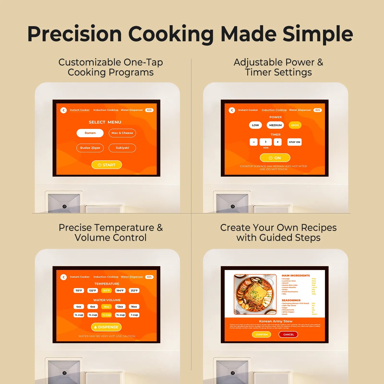 Neo Cucina Robot Chef precision cooking interface showing timer, temperature, and recipe settings.
