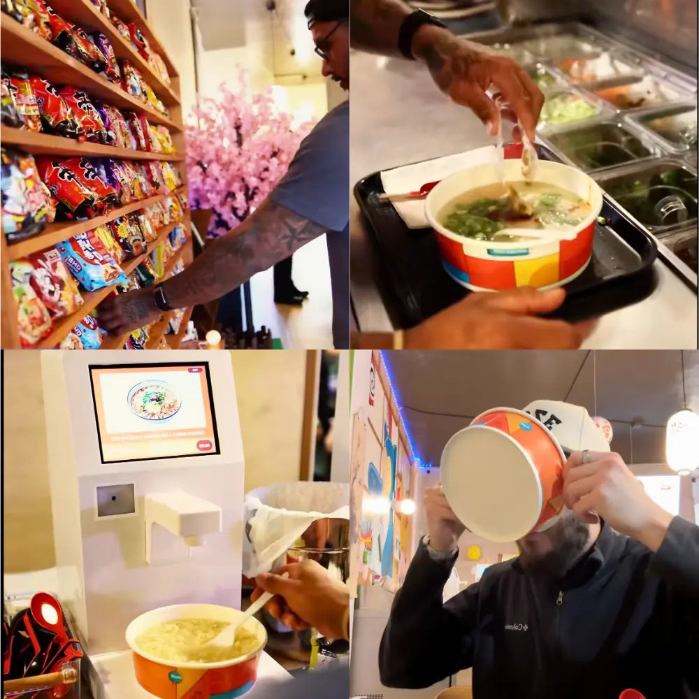 A 4-panel collage demonstrating the NEO CUCINA self-serve ramen bar customer experience: selecting ramen from a diverse wall display, adding fresh toppings, using the automated smart cooker, and a satisfied customer enjoying the finished meal.