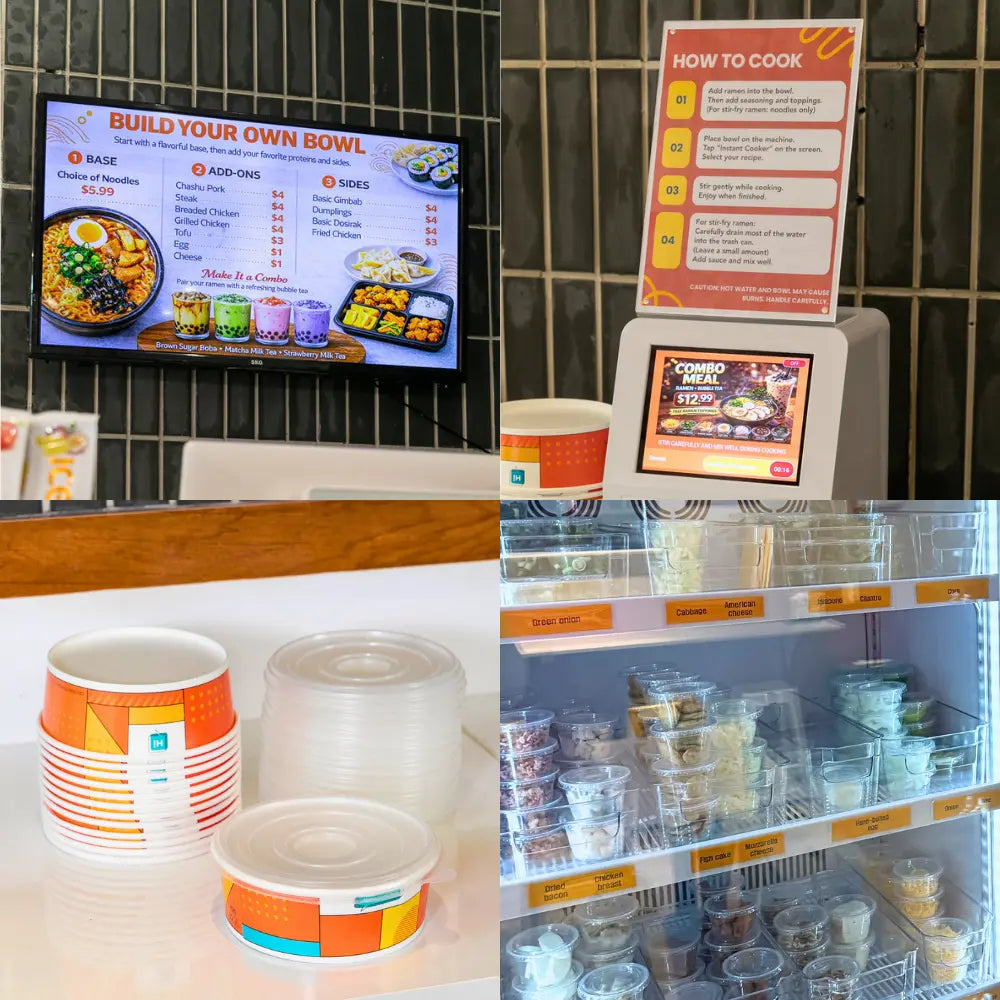 A 4-panel collage detailing the operational setup of a NEO CUCINA self-serve ramen station: a "Build Your Own Bowl" digital menu board, step-by-step cooking instructions on a smart ramen machine, stacks of induction-safe paper bowls with lids, and a refrigerator stocked with pre-portioned toppings for a turnkey food business.