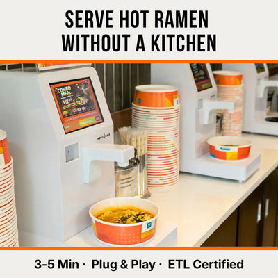 NEO CUCINA commercial self-serve ramen cooker on countertop with bowl of hot ramen ready to serve — no kitchen required