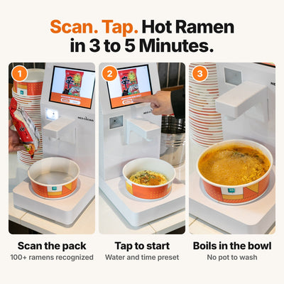 How NEO CUCINA Pro works: scan the ramen pack, tap to start, and the noodles boil right in the paper bowl in 3 to 5 minutes
