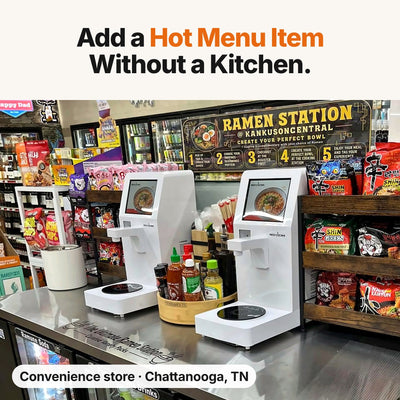 Two NEO CUCINA Pro ramen machines at a convenience store ramen station in Chattanooga, TN, adding a hot menu item without a kitchen