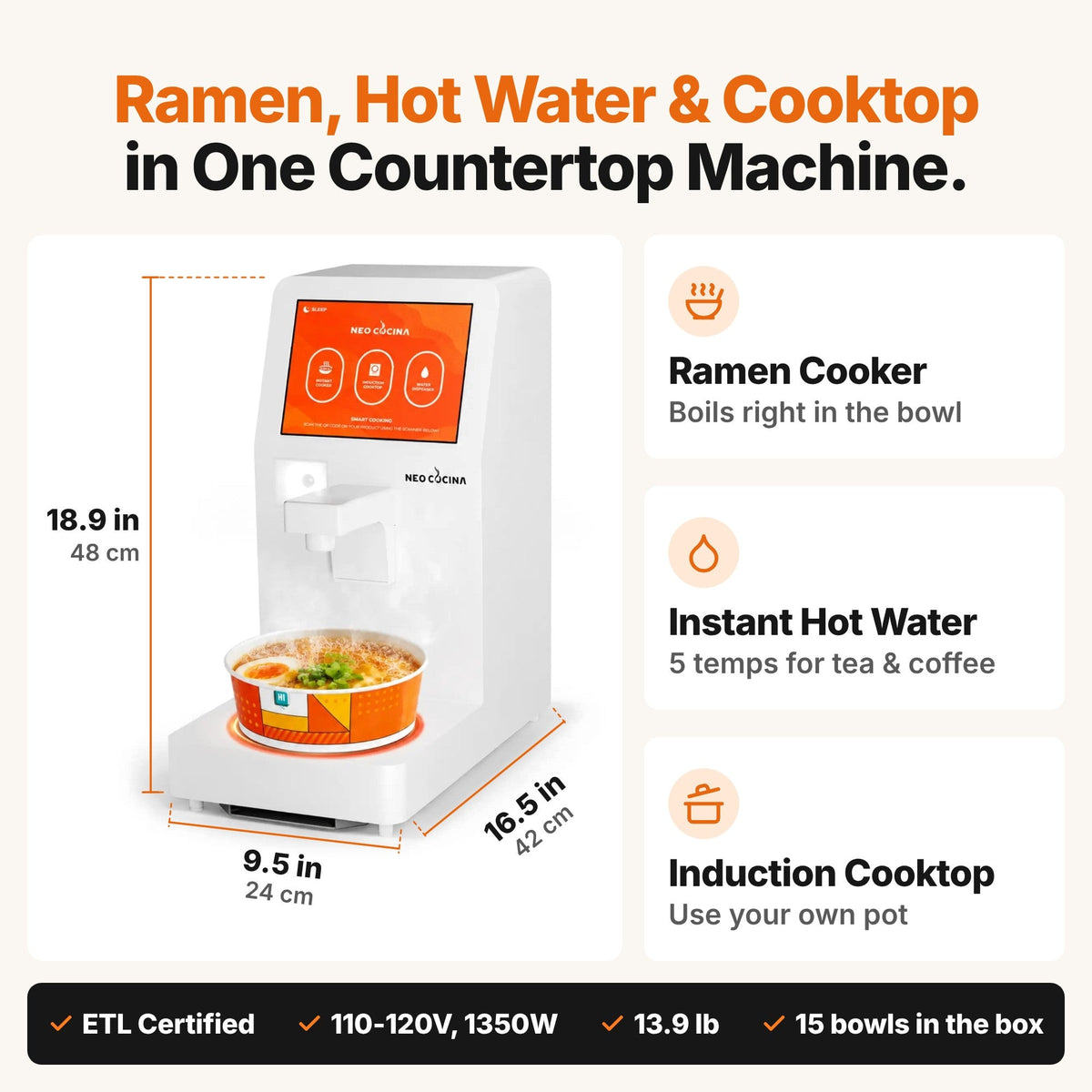 NEO CUCINA Pro 3-in-1 ramen cooker, instant hot water and induction cooktop, 18.9 x 9.5 x 16.5 in, 110-120V 1350W, ETL certified, 15 bowls included