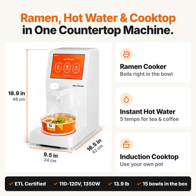 NEO CUCINA Pro 3-in-1 ramen cooker, instant hot water and induction cooktop, 18.9 x 9.5 x 16.5 in, 110-120V 1350W, ETL certified, 15 bowls included