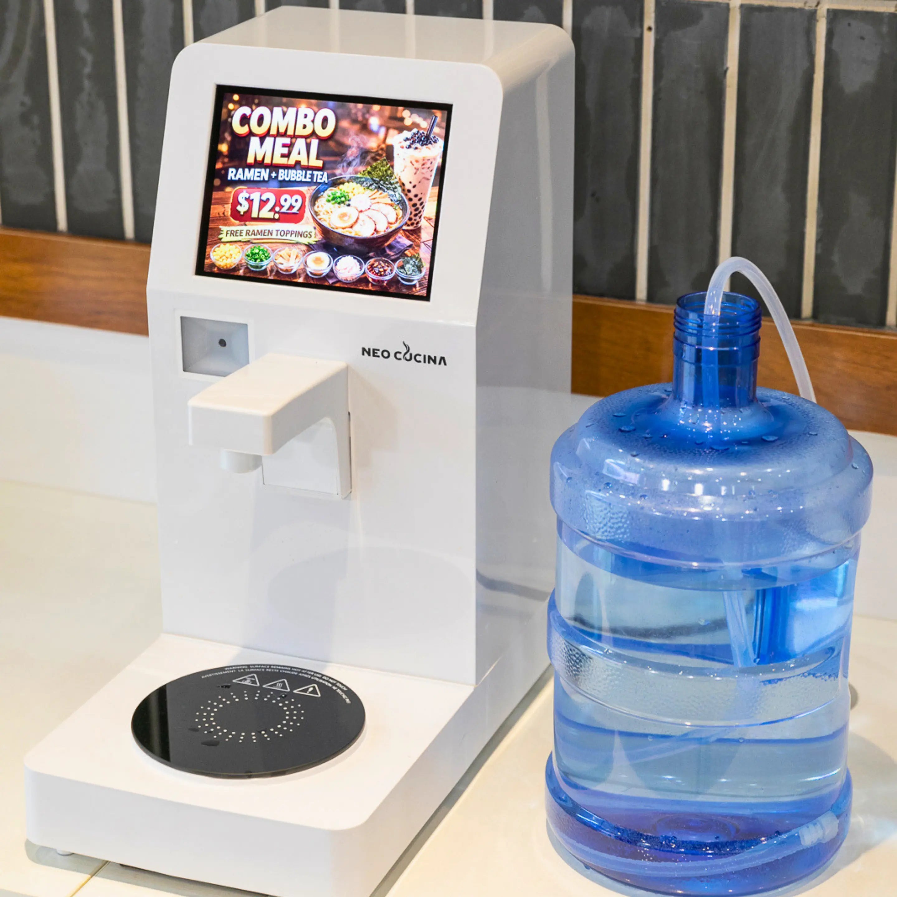countertop ramen machine setup with water jug showing plug-and-play installation and no kitchen required