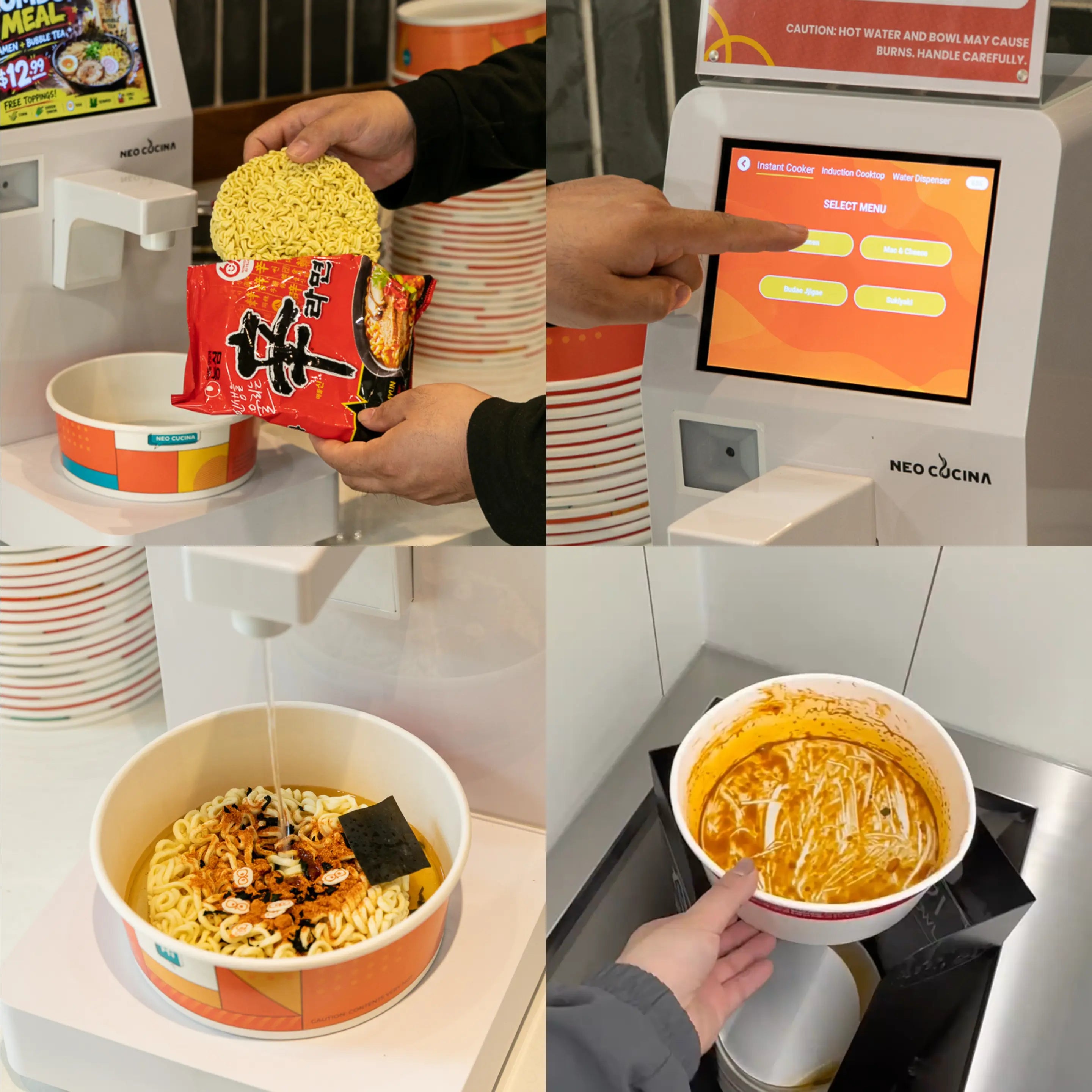 self-serve ramen machine with one-tap cooking, automatic water dispensing, and simple operation process