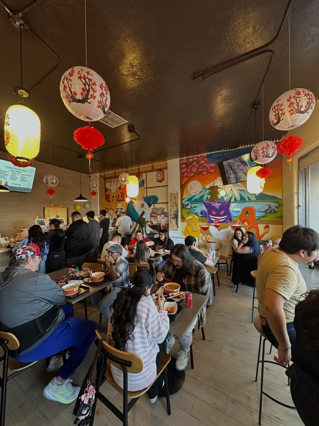 Packed dining room at a Pokemon-themed self-serve ramen restaurant in Albuquerque, New Mexico