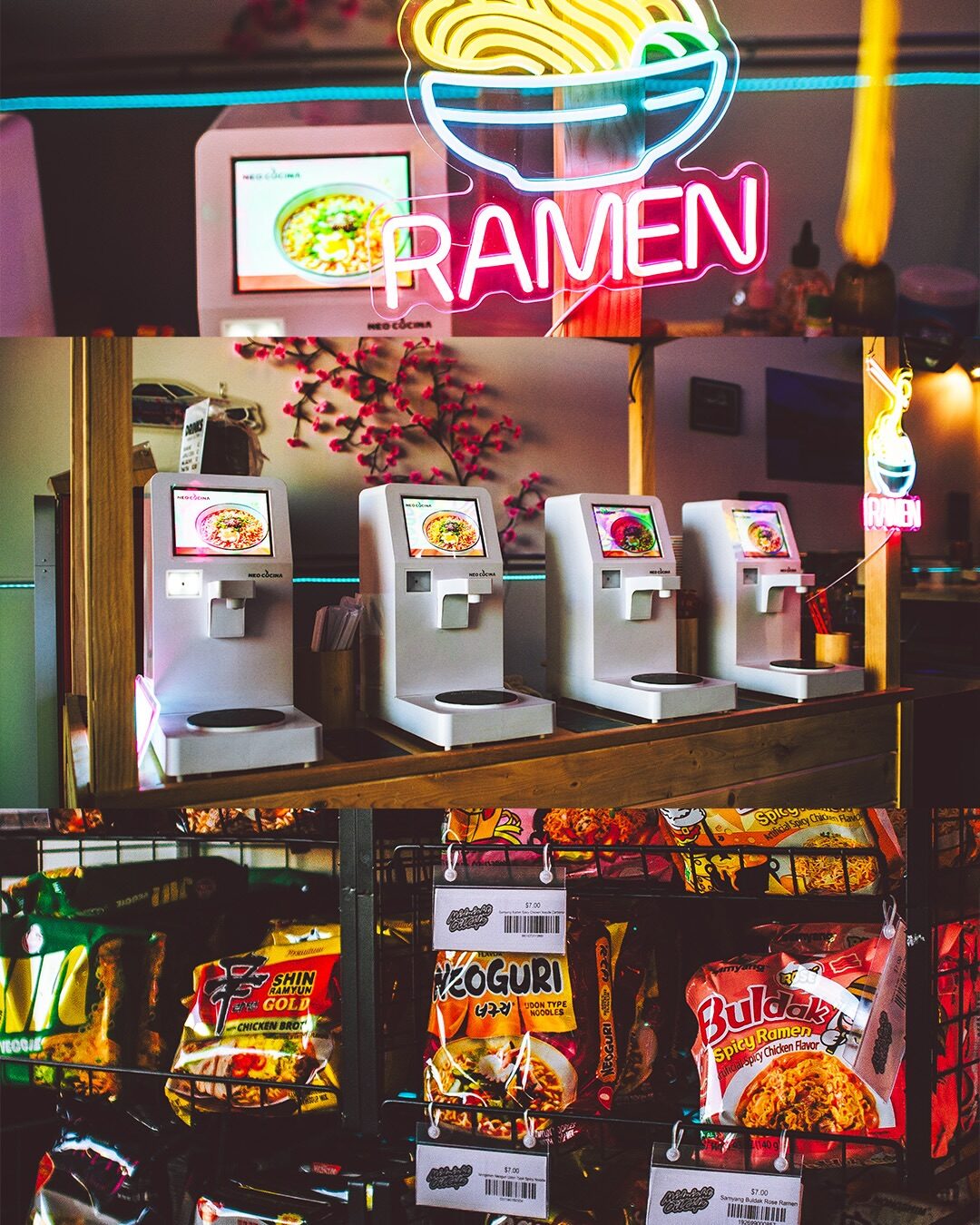 Four NEO CUCINA Pro ramen machines under a neon RAMEN sign with noodle packs below