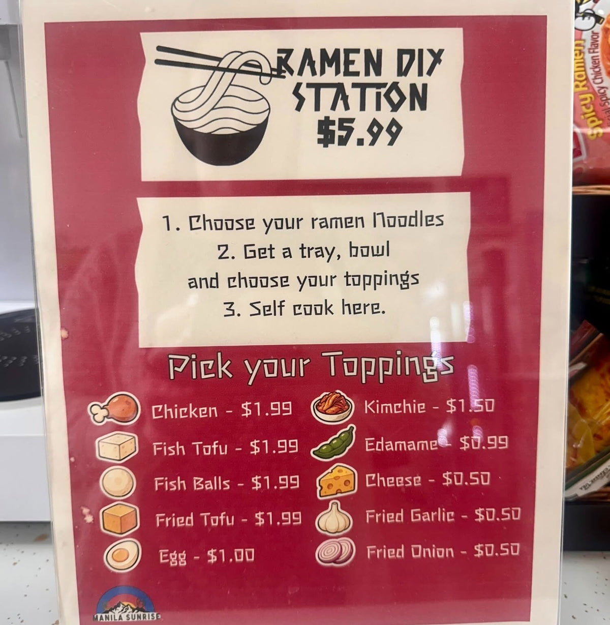 Three-step Ramen DIY Station sign with topping prices