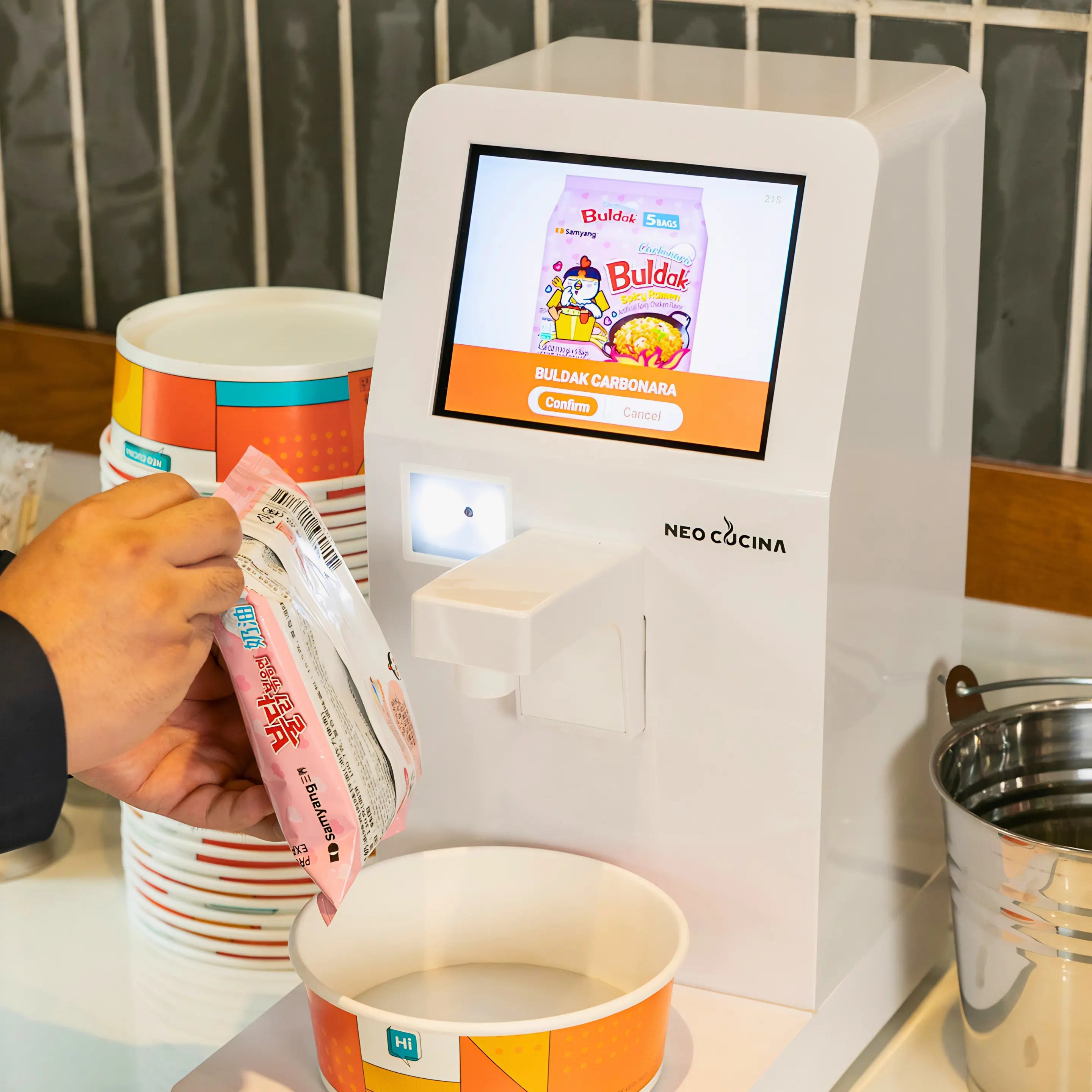 smart ramen machine with touchscreen interface and barcode-based cooking program selection